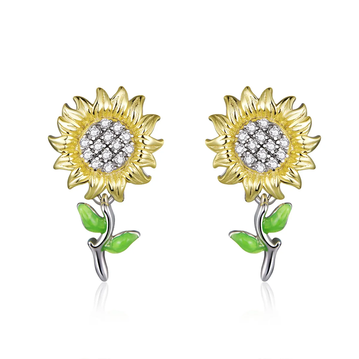 pandora style two tone bicolor sunflower stud earrings sce919
