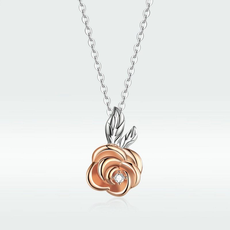 (image for) Pandora Style Two Tone Bicolor Rose Pendant Necklace - BSN155 - Product Image