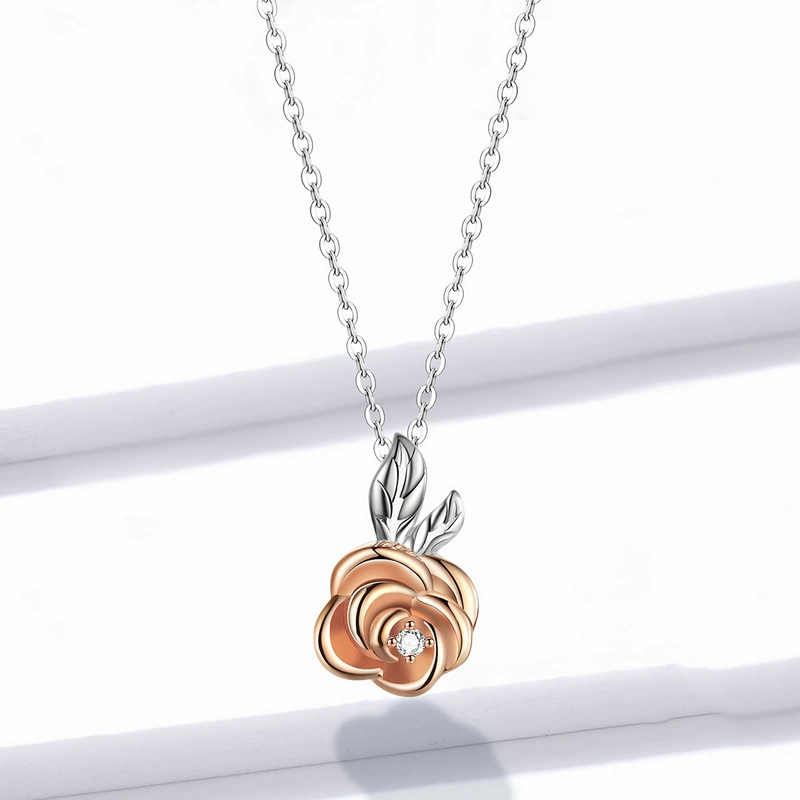 (image for) Pandora Style Two Tone Bicolor Rose Pendant Necklace - BSN155 - View 2
