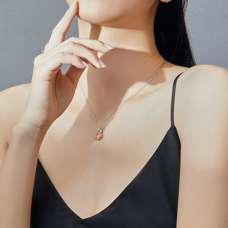 (image for) Pandora Style Two Tone Bicolor Rose Pendant Necklace - BSN155 - View 3