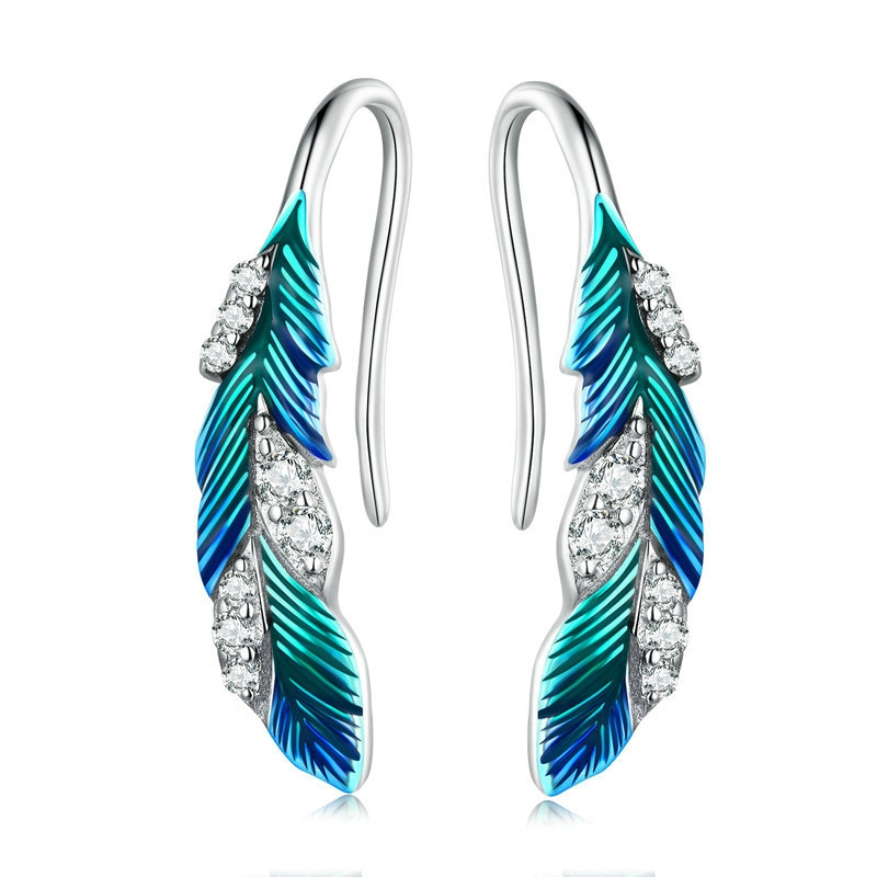 (image for) Pandora Style Dazzling Blue Feather Hanging Earrings - BSE707 - Product Image
