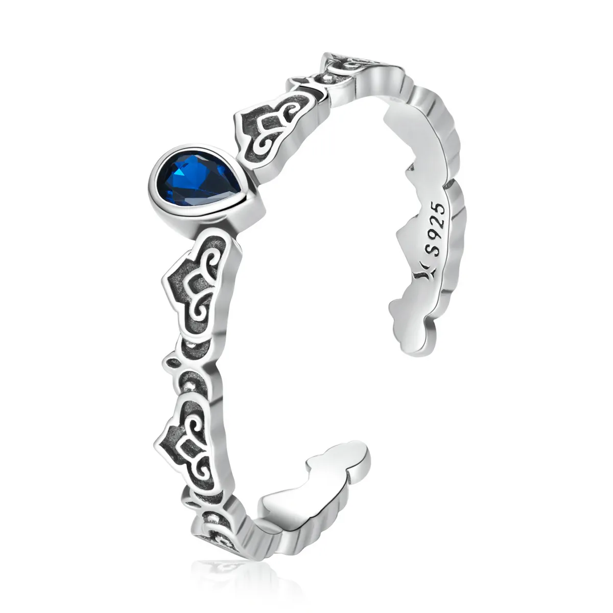 pandora style vintage pattern droplet blue stone open ring scr767
