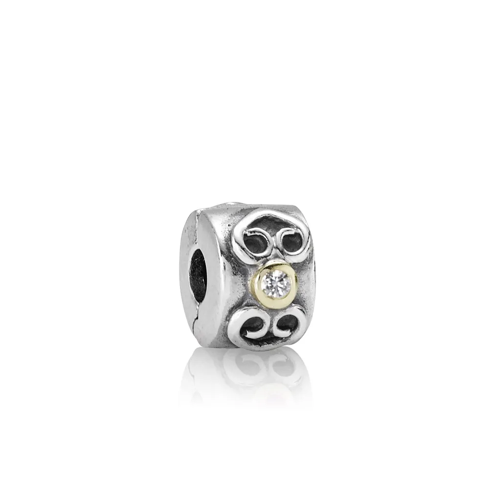 PANDORA Silver, 14ct Gold and Diamond Double Heart Clip Charm - 790382D