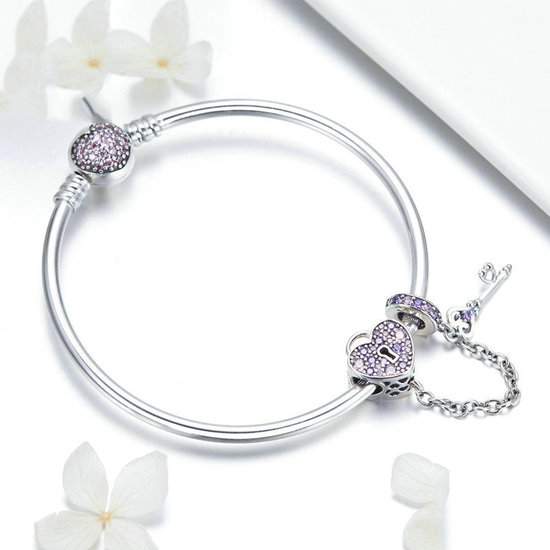 (image for) Pandora Style Silver Pink Key and Pave Heart Lock Bangle - SCB820 - View 2