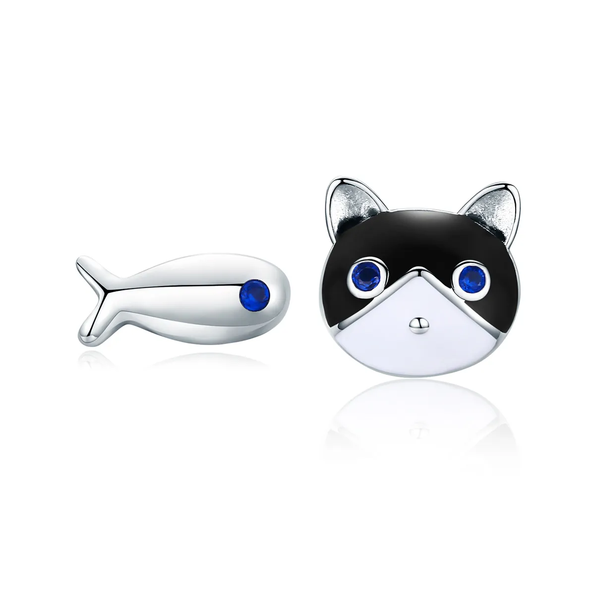 Pandora Style Silver Cat and Fish Stud Earrings - SCE623